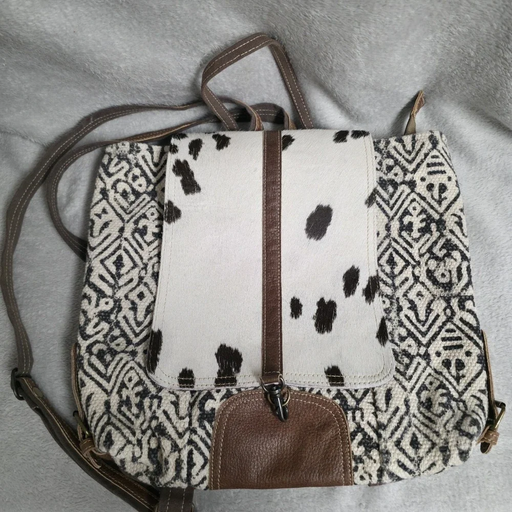 Myra Bag Oriental Cowhide Backpack S-1269 Upcycled Canvas Rug Leather Western